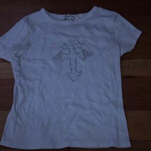 White T-Shirt with Silver Cross Design